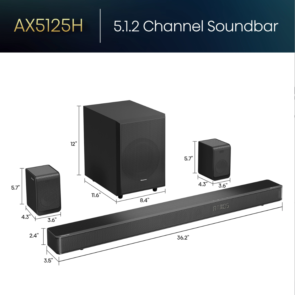 Hisense - 5.1.2 Dolby ATMOS Soundbar with Wireless Rear Satellite Speakers & Wireless Subwoofer - Black